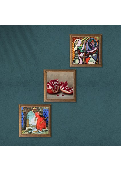 Picasso Ayna Karşısındaki Kız, Kaplumbağa Terbiyecisi, Nar Taş Duvar Tablosu Ahşap Çerçeveli Duvar Dekoru 3 Parça Tablo Seti Wall Art W3-1578