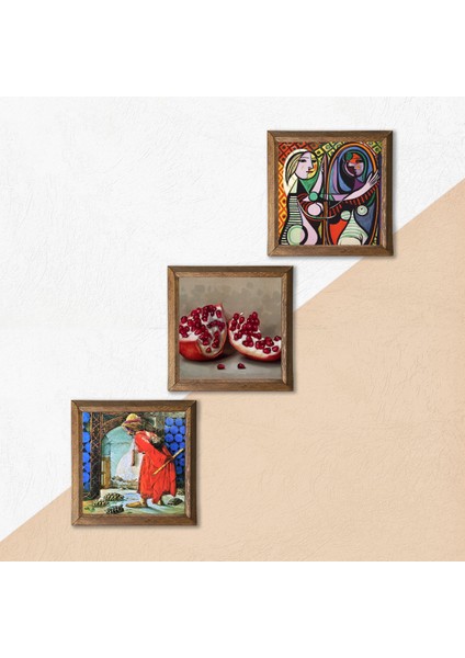 Picasso Ayna Karşısındaki Kız, Kaplumbağa Terbiyecisi, Nar Taş Duvar Tablosu Ahşap Çerçeveli Duvar Dekoru 3 Parça Tablo Seti Wall Art W3-1578