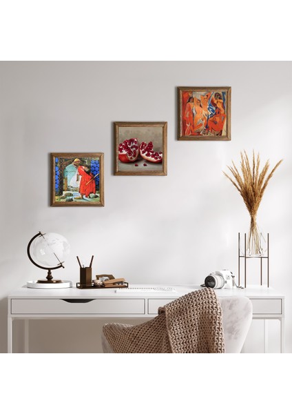 Picasso Avignonlu Kızlar, Kaplumbağa Terbiyecisi, Nar Taş Duvar Tablosu Ahşap Çerçeveli Duvar Dekoru 3 Parça Tablo Seti Wall Art W3-1579