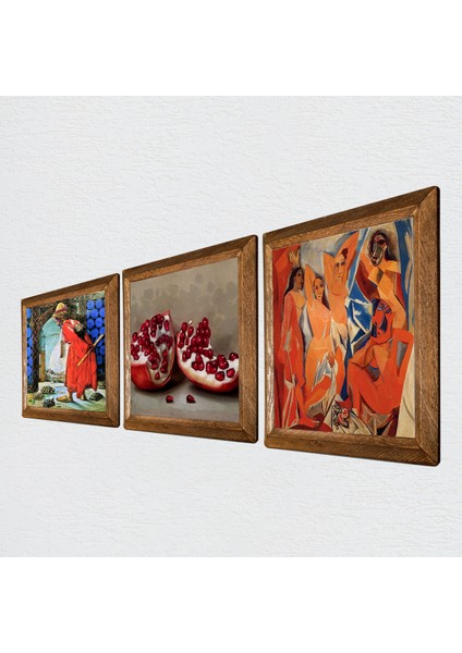 Picasso Avignonlu Kızlar, Kaplumbağa Terbiyecisi, Nar Taş Duvar Tablosu Ahşap Çerçeveli Duvar Dekoru 3 Parça Tablo Seti Wall Art W3-1579
