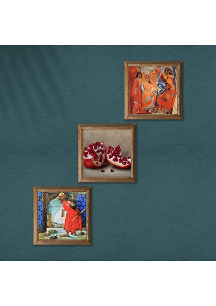 Picasso Avignonlu Kızlar, Kaplumbağa Terbiyecisi, Nar Taş Duvar Tablosu Ahşap Çerçeveli Duvar Dekoru 3 Parça Tablo Seti Wall Art W3-1579