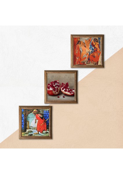 Picasso Avignonlu Kızlar, Kaplumbağa Terbiyecisi, Nar Taş Duvar Tablosu Ahşap Çerçeveli Duvar Dekoru 3 Parça Tablo Seti Wall Art W3-1579