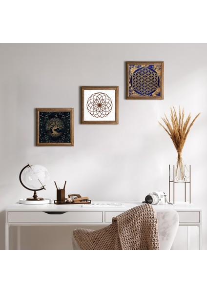 Yaşam Çiçeği, Hayat Ağacı Taş Duvar Tablosu Ahşap Çerçeveli Duvar Dekoru 3 Parça Tablo Seti Wall Art W3-170