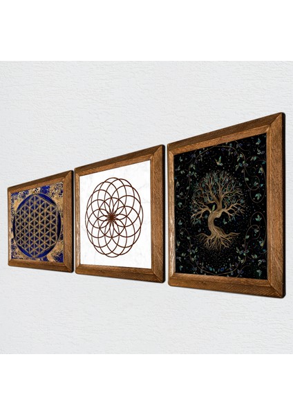 Yaşam Çiçeği, Hayat Ağacı Taş Duvar Tablosu Ahşap Çerçeveli Duvar Dekoru 3 Parça Tablo Seti Wall Art W3-170 fiyatları
