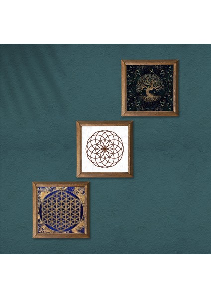 Yaşam Çiçeği, Hayat Ağacı Taş Duvar Tablosu Ahşap Çerçeveli Duvar Dekoru 3 Parça Tablo Seti Wall Art W3-170 modelleri