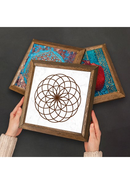 Yaşam Çiçeği, Hayat Ağacı Taş Duvar Tablosu Ahşap Çerçeveli Duvar Dekoru 3 Parça Tablo Seti Wall Art W3-170 fırsatları