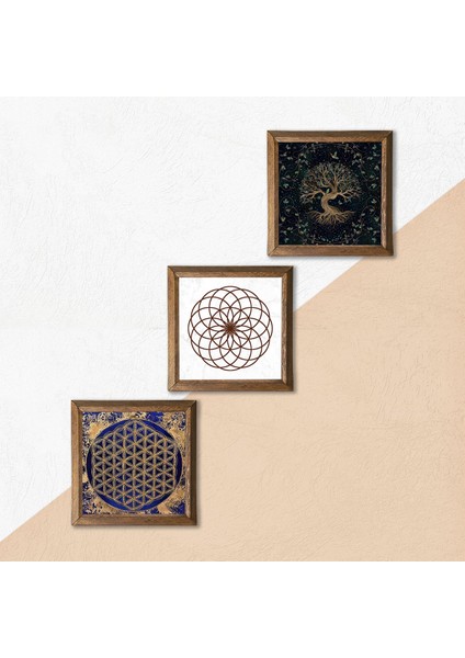 Yaşam Çiçeği, Hayat Ağacı Taş Duvar Tablosu Ahşap Çerçeveli Duvar Dekoru 3 Parça Tablo Seti Wall Art W3-170 indirimleri