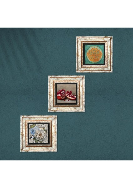Lotus Çiçeği, Kelebekli Çiçek, Nar Çerçeveli Taş Duvar Tablosu 3’lü Set - Dekoratif Modern Sanat, Ev ve Ofis Dekoru |TK3-1170| fırsatları