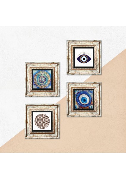 Nazar, Mandala, Yaşam Çiçeği Çerçeveli Taş Duvar Tablosu 4’lü Set - Dekoratif Modern Sanat, Ev ve Ofis Dekoru |TK4-1617| indirimleri