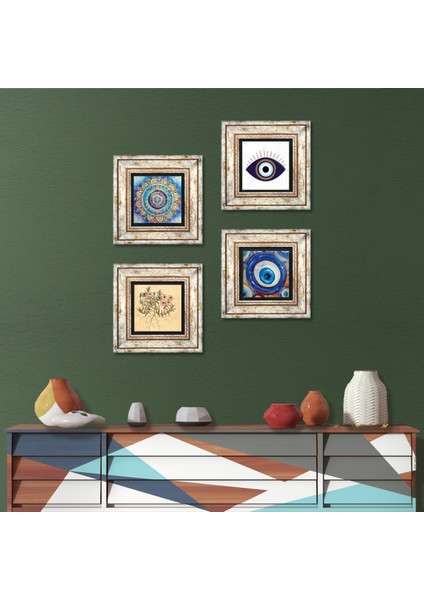 Nazar, Mandala, Vintage Çiçek Taş Duvar Tablosu Çerçeveli Duvar Dekoru 4 Parça Tablo Seti Wall Art T4-1644