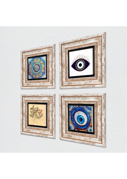 Nazar, Mandala, Vintage Çiçek Taş Duvar Tablosu Çerçeveli Duvar Dekoru 4 Parça Tablo Seti Wall Art T4-1644 fiyatları