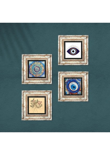 Nazar, Mandala, Vintage Çiçek Taş Duvar Tablosu Çerçeveli Duvar Dekoru 4 Parça Tablo Seti Wall Art T4-1644 fırsatları