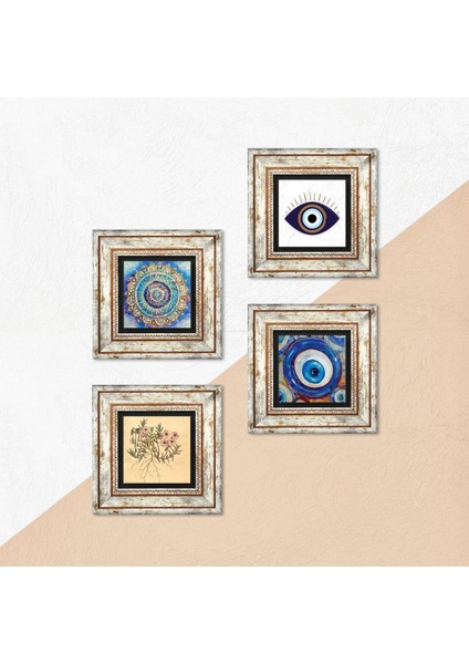 Nazar, Mandala, Vintage Çiçek Taş Duvar Tablosu Çerçeveli Duvar Dekoru 4 Parça Tablo Seti Wall Art T4-1644 indirimleri