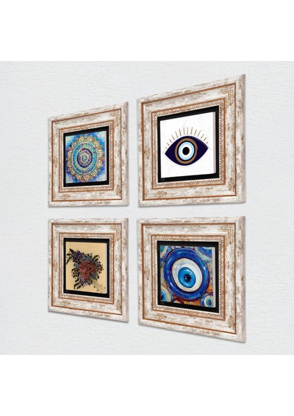 Nazar, Mandala, Vintage Çiçek Çerçeveli Taş Duvar Tablosu 4’lü Set - Dekoratif Modern Sanat, Ev ve Ofis Dekoru |TK4-1647| fiyatları