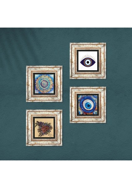 Nazar, Mandala, Vintage Çiçek Çerçeveli Taş Duvar Tablosu 4’lü Set - Dekoratif Modern Sanat, Ev ve Ofis Dekoru |TK4-1647| fırsatları