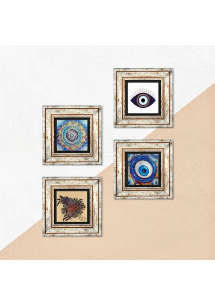 Nazar, Mandala, Vintage Çiçek Çerçeveli Taş Duvar Tablosu 4’lü Set - Dekoratif Modern Sanat, Ev ve Ofis Dekoru |TK4-1647| indirimleri