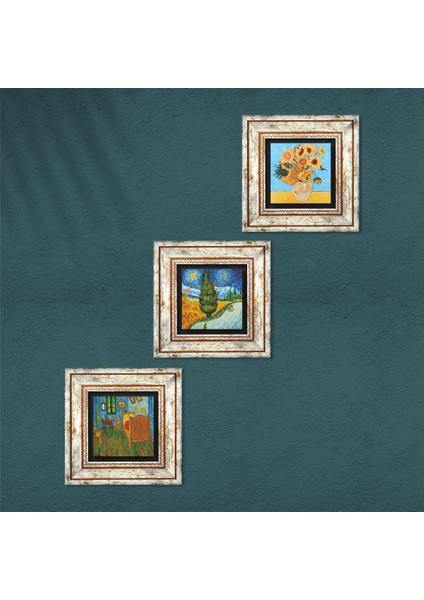 Stone Van Gogh Çerçeveli Taş Duvar Tablosu 3’lü Set - Dekoratif Modern Sanat, Ev ve Ofis Dekoru |TK3-557| fırsatları