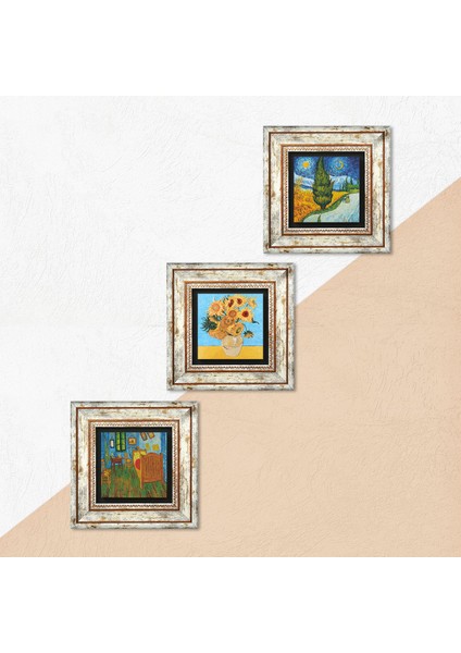 Stone Van Gogh Çerçeveli Taş Duvar Tablosu 3’lü Set - Dekoratif Modern Sanat, Ev ve Ofis Dekoru |TK3-557| indirimleri