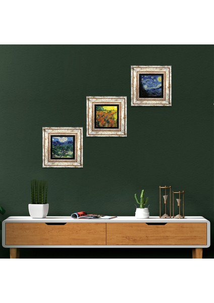 Van Gogh Zeytin Ağaçları, Kırmızı Bağ, Yıldızlı Gece Taş Duvar Tablosu Çerçeveli Duvar Dekoru 3 Parça Tablo Seti Wall Art T3-581