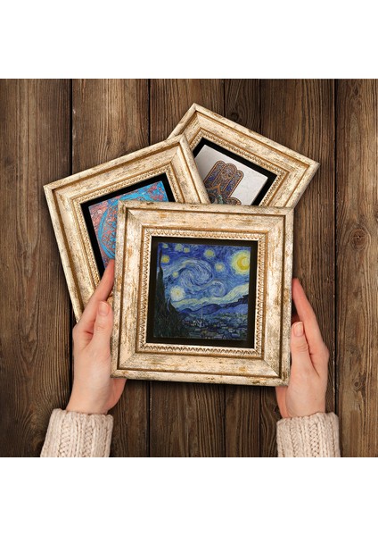 Van Gogh Zeytin Ağaçları, Kırmızı Bağ, Yıldızlı Gece Taş Duvar Tablosu Çerçeveli Duvar Dekoru 3 Parça Tablo Seti Wall Art T3-581