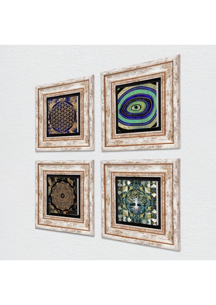 Stone Hayat Ağacı, Nazar, Sri Yantra, Yaşam Çiçeği Çerçeveli Taş Duvar Tablosu 4’lü Set - Dekoratif Modern Sanat, Ev ve Ofis Dekoru |TK4-721| fiyatları