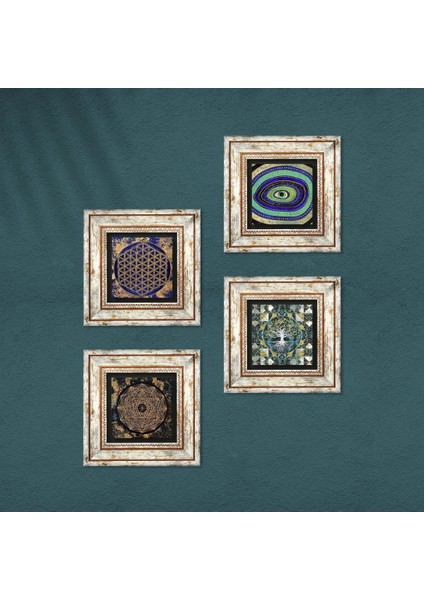 Stone Hayat Ağacı, Nazar, Sri Yantra, Yaşam Çiçeği Çerçeveli Taş Duvar Tablosu 4’lü Set - Dekoratif Modern Sanat, Ev ve Ofis Dekoru |TK4-721| fırsatları