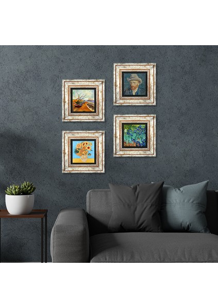 Van Gogh Çerçeveli Taş Duvar Tablosu 4’lü Set - Dekoratif Modern Sanat, Ev ve Ofis Dekoru |TK4-73|