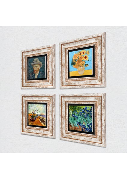 Van Gogh Çerçeveli Taş Duvar Tablosu 4’lü Set - Dekoratif Modern Sanat, Ev ve Ofis Dekoru |TK4-73| fiyatları