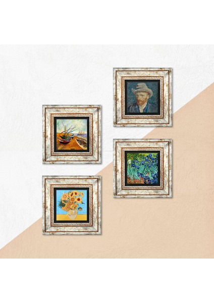Van Gogh Çerçeveli Taş Duvar Tablosu 4’lü Set - Dekoratif Modern Sanat, Ev ve Ofis Dekoru |TK4-73| indirimleri