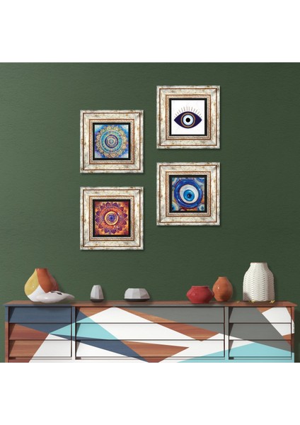 Nazar, Mandala Taş Duvar Tablosu Çerçeveli Duvar Dekoru 4 Parça Tablo Seti Wall Art T4-1652