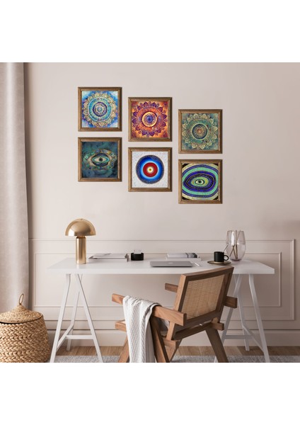 Mandala, Nazar Taş Duvar Tablosu Ahşap Çerçeveli Duvar Dekoru 6 Parça Tablo Seti Wall Art W6-36