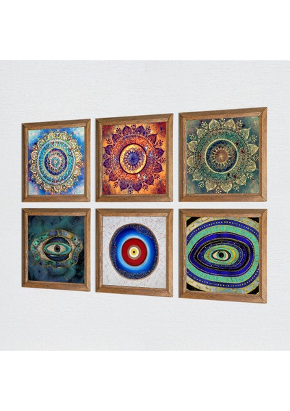 Mandala, Nazar Taş Duvar Tablosu Ahşap Çerçeveli Duvar Dekoru 6 Parça Tablo Seti Wall Art W6-36