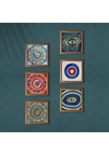 Mandala, Nazar Taş Duvar Tablosu Ahşap Çerçeveli Duvar Dekoru 6 Parça Tablo Seti Wall Art W6-36