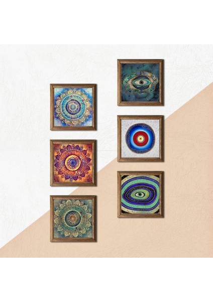 Mandala, Nazar Taş Duvar Tablosu Ahşap Çerçeveli Duvar Dekoru 6 Parça Tablo Seti Wall Art W6-36