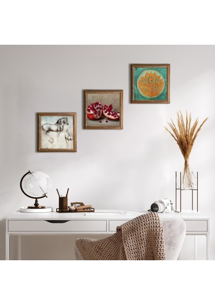 Lotus Çiçeği, Leonardo da Vinci At Heykeli, Nar Taş Duvar Tablosu Ahşap Çerçeveli Duvar Dekoru 3 Parça Tablo Seti Wall Art W3-1320