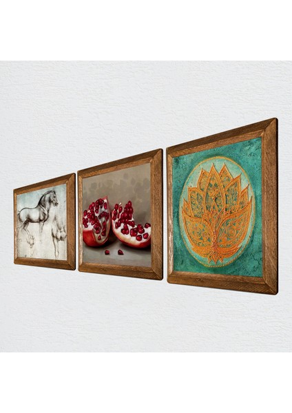 Lotus Çiçeği, Leonardo da Vinci At Heykeli, Nar Taş Duvar Tablosu Ahşap Çerçeveli Duvar Dekoru 3 Parça Tablo Seti Wall Art W3-1320