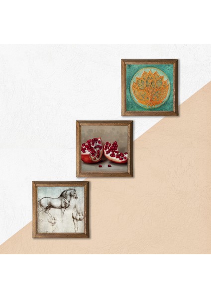 Lotus Çiçeği, Leonardo da Vinci At Heykeli, Nar Taş Duvar Tablosu Ahşap Çerçeveli Duvar Dekoru 3 Parça Tablo Seti Wall Art W3-1320