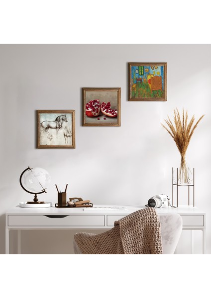 Van Gogh Yatak Odası, Leonardo da Vinci At Heykeli, Nar Taş Duvar Tablosu Ahşap Çerçeveli Duvar Dekoru 3 Parça Tablo Seti Wall Art W3-1343