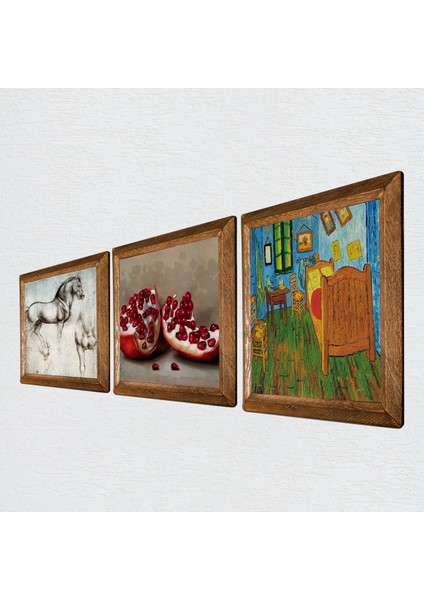 Van Gogh Yatak Odası, Leonardo da Vinci At Heykeli, Nar Taş Duvar Tablosu Ahşap Çerçeveli Duvar Dekoru 3 Parça Tablo Seti Wall Art W3-1343