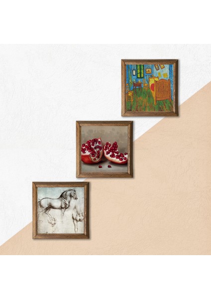 Van Gogh Yatak Odası, Leonardo da Vinci At Heykeli, Nar Taş Duvar Tablosu Ahşap Çerçeveli Duvar Dekoru 3 Parça Tablo Seti Wall Art W3-1343