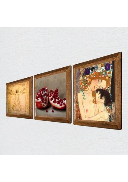 Gustav Klimt Anne Çocuk, Da Vinci Vitruvius Adamı, Nar Taş Duvar Tablosu Ahşap Çerçeveli Duvar Dekoru 3 Parça Tablo Seti Wall Art W3-1360