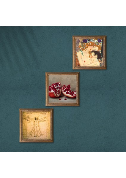 Gustav Klimt Anne Çocuk, Da Vinci Vitruvius Adamı, Nar Taş Duvar Tablosu Ahşap Çerçeveli Duvar Dekoru 3 Parça Tablo Seti Wall Art W3-1360