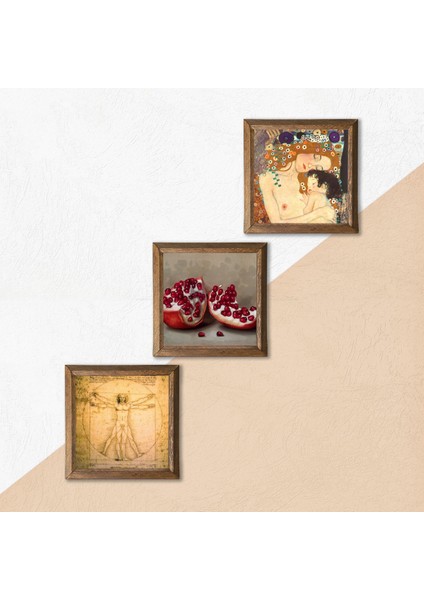 Gustav Klimt Anne Çocuk, Da Vinci Vitruvius Adamı, Nar Taş Duvar Tablosu Ahşap Çerçeveli Duvar Dekoru 3 Parça Tablo Seti Wall Art W3-1360