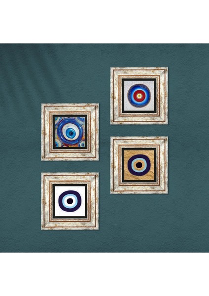 Stone Nazar Çerçeveli Taş Duvar Tablosu 4’lü Set - Dekoratif Modern Sanat, Ev ve Ofis Dekoru |TK4-1234| fırsatları