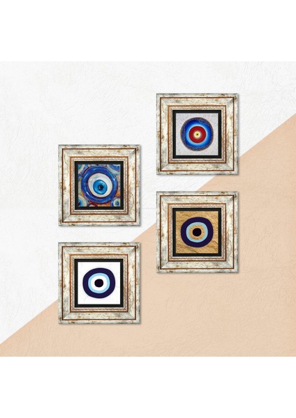 Stone Nazar Çerçeveli Taş Duvar Tablosu 4’lü Set - Dekoratif Modern Sanat, Ev ve Ofis Dekoru |TK4-1234| indirimleri