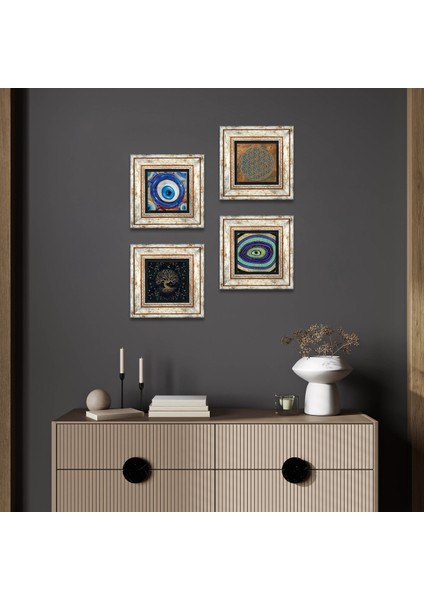 Yaşam Çiçeği, Nazar, Hayat Ağacı Taş Duvar Tablosu Çerçeveli Duvar Dekoru 4 Parça Tablo Seti Wall Art T4-1263