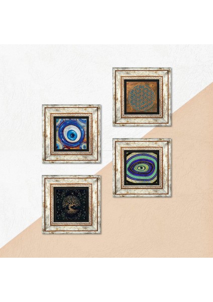 Yaşam Çiçeği, Nazar, Hayat Ağacı Taş Duvar Tablosu Çerçeveli Duvar Dekoru 4 Parça Tablo Seti Wall Art T4-1263