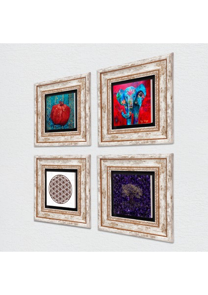 Hayat Ağacı, Fil, Yaşam Çiçeği, Nar Taş Duvar Tablosu Çerçeveli Duvar Dekoru 4 Parça Tablo Seti Wall Art T4-1277 fiyatları