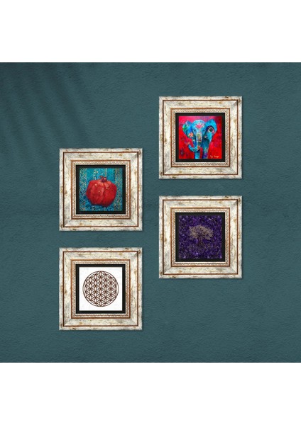 Hayat Ağacı, Fil, Yaşam Çiçeği, Nar Taş Duvar Tablosu Çerçeveli Duvar Dekoru 4 Parça Tablo Seti Wall Art T4-1277 fırsatları
