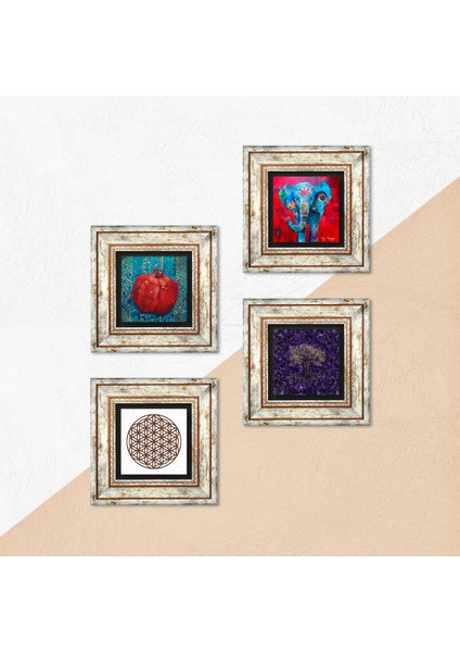 Hayat Ağacı, Fil, Yaşam Çiçeği, Nar Taş Duvar Tablosu Çerçeveli Duvar Dekoru 4 Parça Tablo Seti Wall Art T4-1277 indirimleri